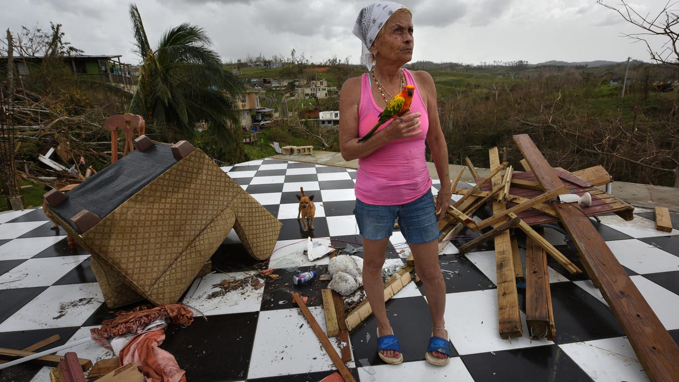 Irma Maldano steht mit ihrem Vogel Sussury in den Trümmern ihres Hauses. Der Hurrikan «Maria» hat auf der Insel Fabriken und Häuser zerstört, die Stromversorgung ist kollabiert.