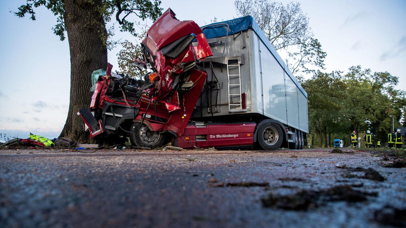 In Mecklenburg-Vorpommern zerstörte eine umfallender Baum das Fahrerhaus dieses Lkw.