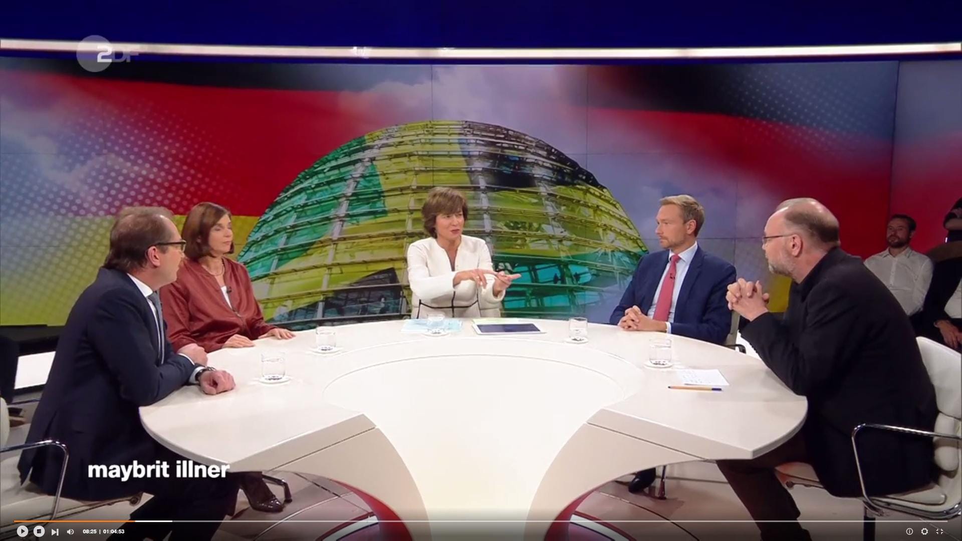 Alexander Dobrindt (CSU), Katrin Göring-Eckardt (Bündnis90/Grüne), Christian Lindner (FDP) und der Journalist Bernd Ulrich diskutierten bei Maybrit Illner darüber, ob es zu einer Jamaika-Koalition kommt.