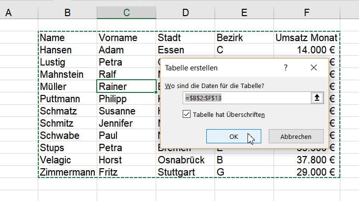 Mit den Tasten Strg + T kann aus einer "Mauerblümchen"-Tabelle eine farbenfrohe Übersicht werden.