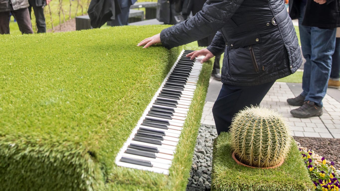 Thüringens Ministerpräsident Bodo Ramelow berührt in Apolda bei der Eröffnung der Landesgartenschau ein mit Rasen bepflanztes Piano.