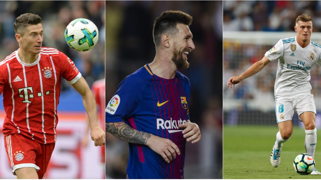 Robert Lewandowski (l.) ist nominiert. Auch Messi (m.) und Kroos sind dabei. Robert Lewandowski (l.) ist nominiert. Auch Messi (m.) und Kroos sind dabei.