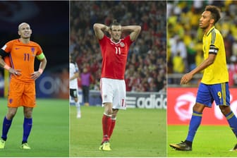Auf Arjen Robben (l.), Gareth Bale (m.) und Pierre-Emerick Aubameyang müssen Fußball-Fans bei der WM leider verzichten.