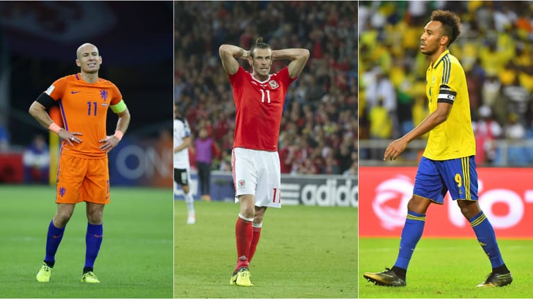 Auf Arjen Robben (l.), Gareth Bale (m.) und Pierre-Emerick Aubameyang müssen Fußball-Fans bei der WM leider verzichten.