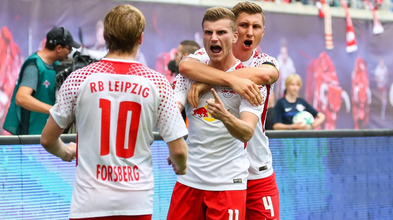 Jubel bei RB Leipzig um Timo Werner (M.): Der umstrittene Klub hat sich bereits in der Bundesliga etabliert.