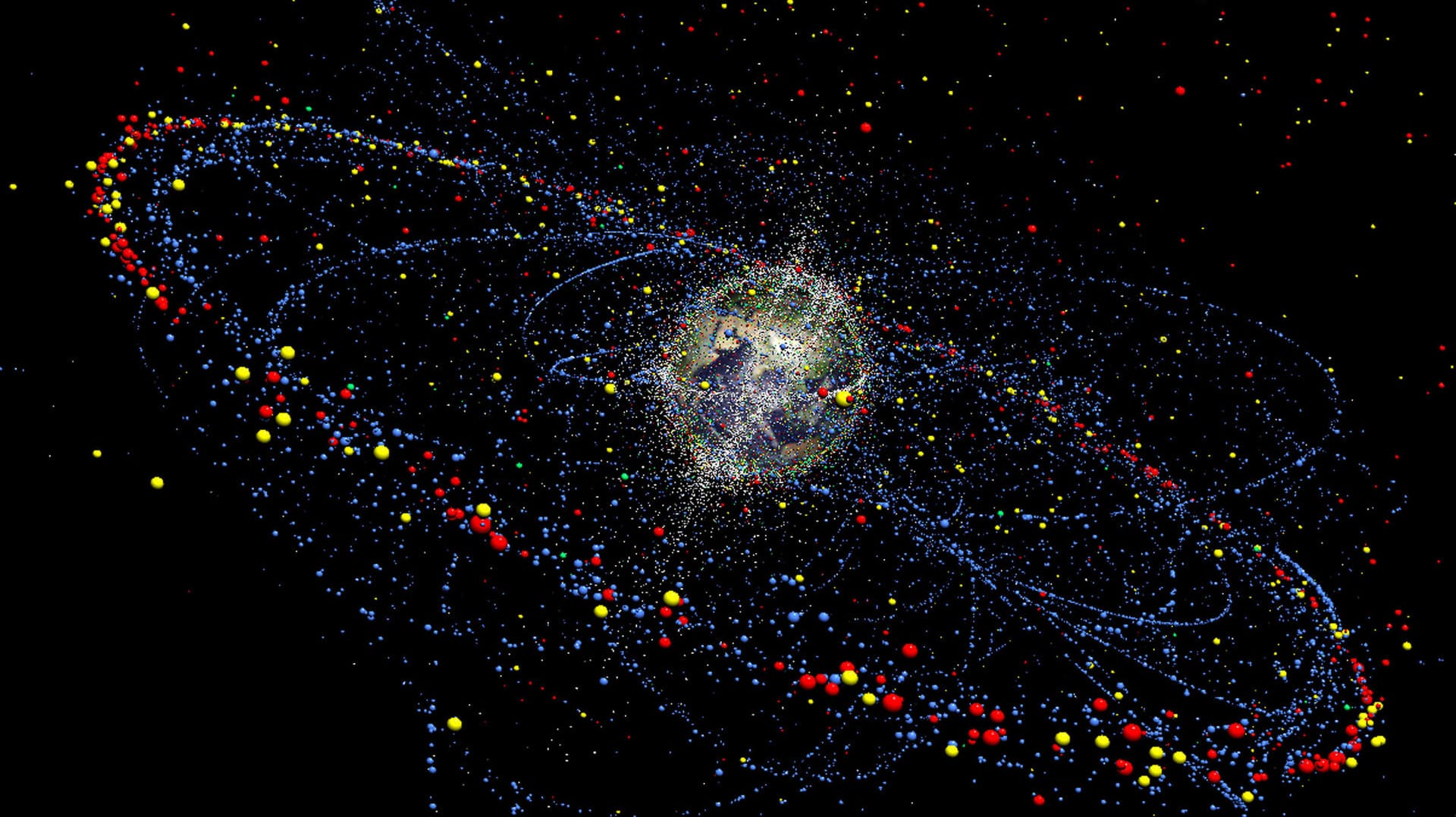 Das Simulationsmodell stellt die Verteilung und Bewegung des Weltraummülls heute und in Zukunft dar.