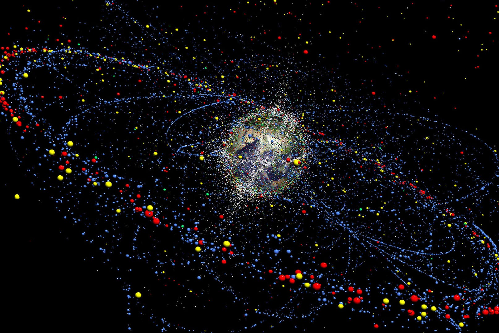 Das Simulationsmodell stellt die Verteilung und Bewegung des Weltraummülls heute und in Zukunft dar.