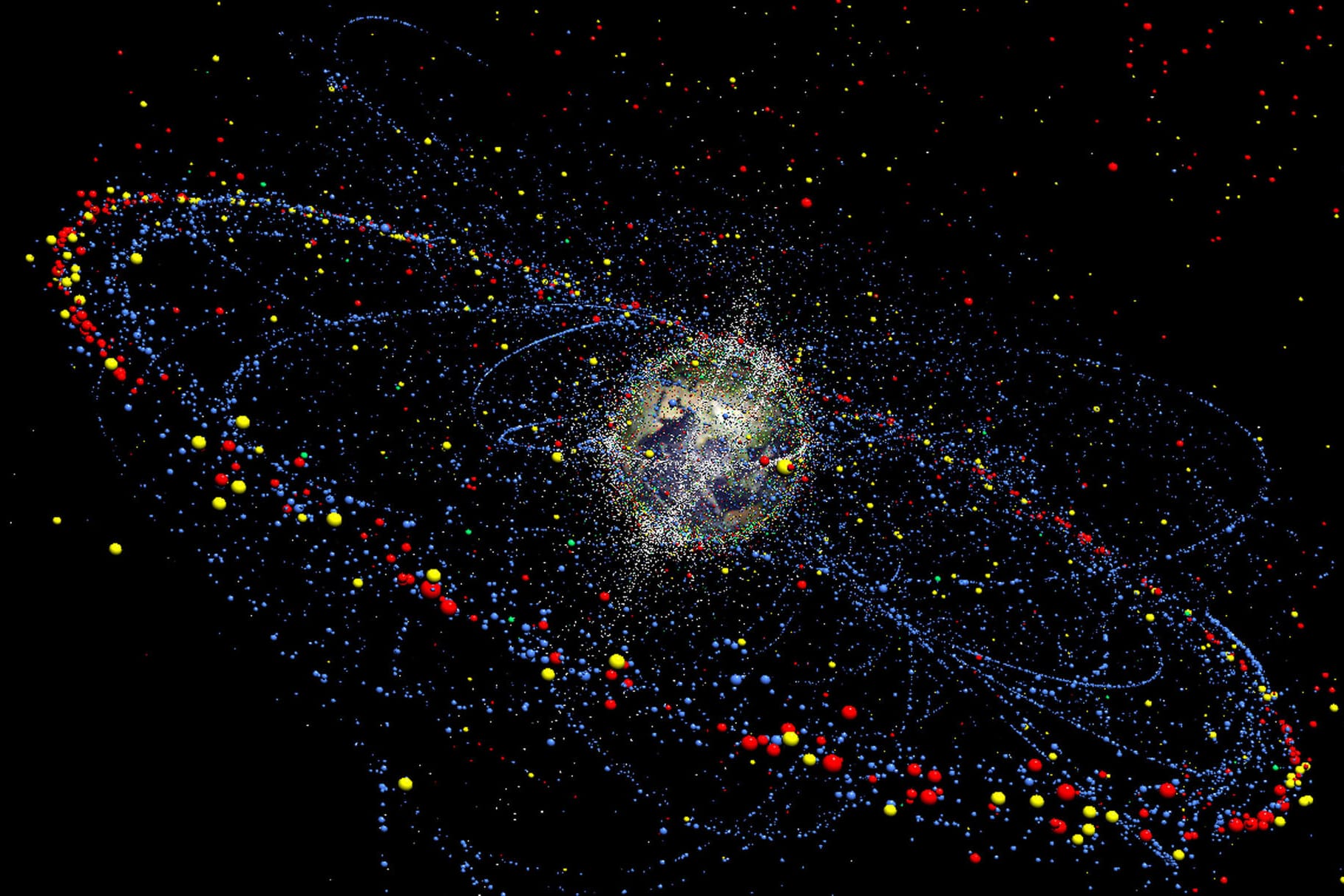 Das Simulationsmodell stellt die Verteilung und Bewegung des Weltraummülls heute und in Zukunft dar.