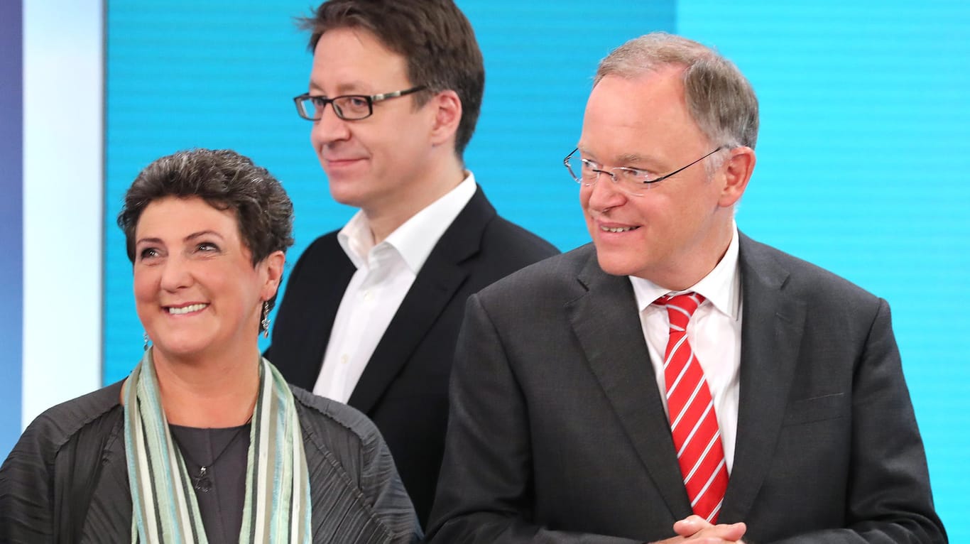Niedersachsens FDP-Spitzenkandidat Stefan Birkner (Mitte) zwischen Anja Piel (Grüne) und Ministerpräsident Stephan Weil (SPD): Die Liberalen lehnen ein Bündnis mit Sozialdemokraten und Grünen im Land ab.