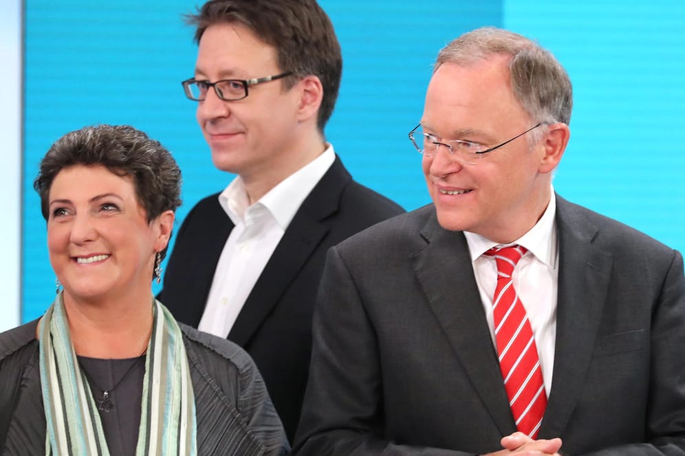 Niedersachsens FDP-Spitzenkandidat Stefan Birkner (Mitte) zwischen Anja Piel (Grüne) und Ministerpräsident Stephan Weil (SPD): Die Liberalen lehnen ein Bündnis mit Sozialdemokraten und Grünen im Land ab.