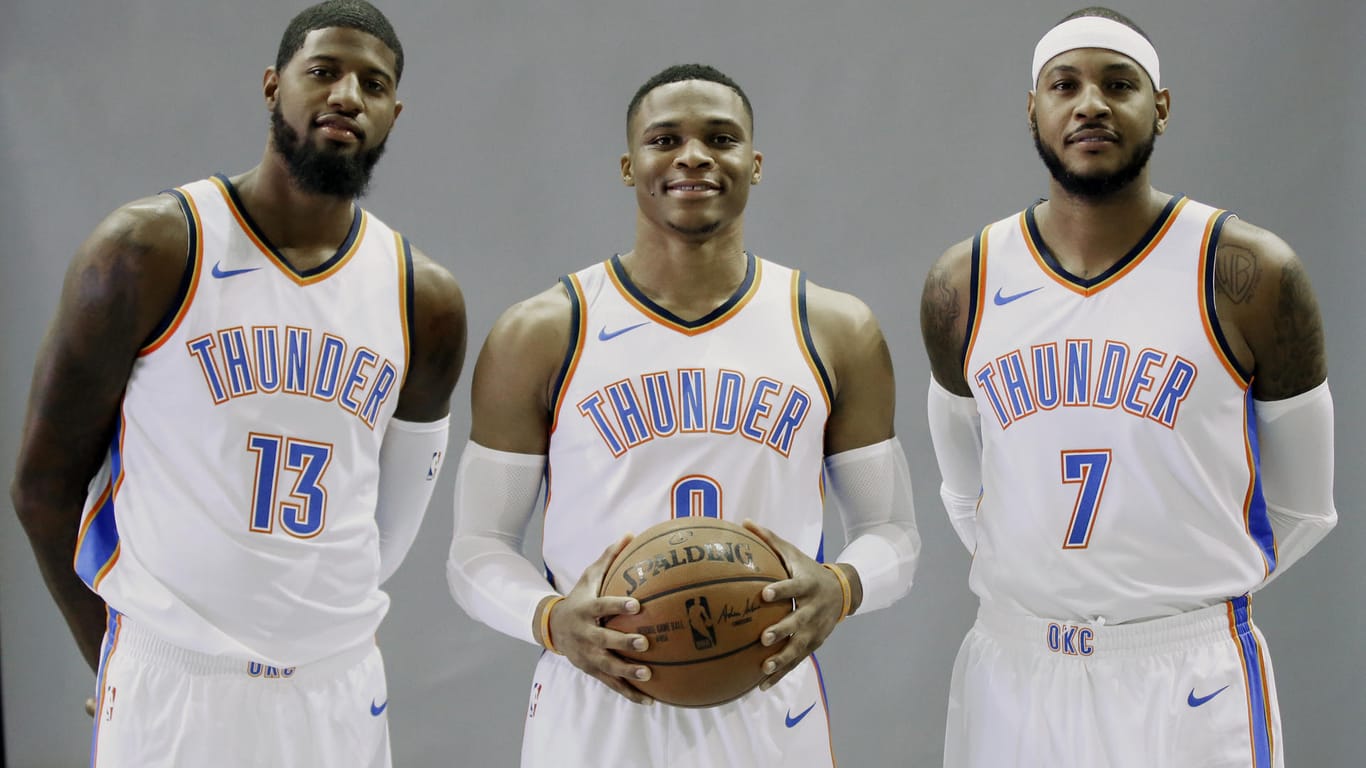 Neues Top-Trio bei den Oklahoma City Thunder: George, Westbrook und Anthony (v. li.).