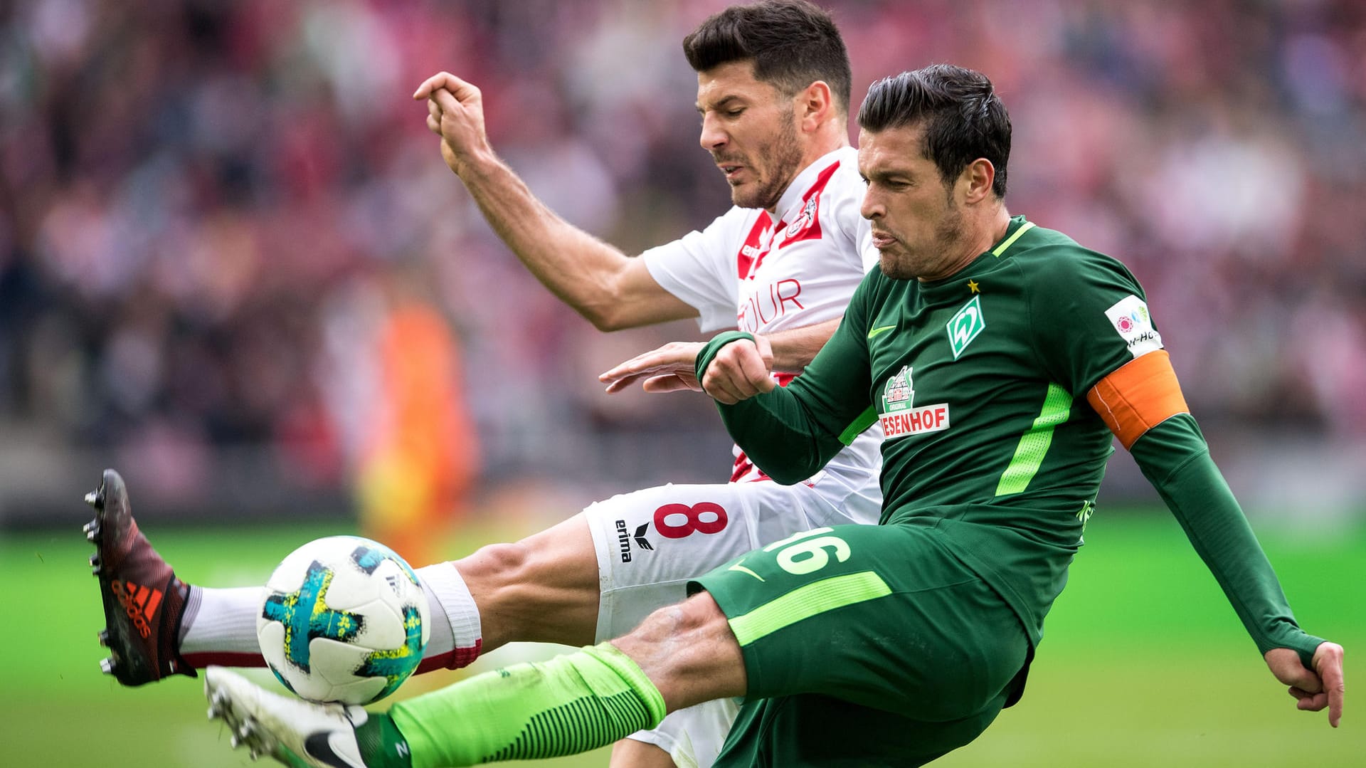 Kölns Milos Jojic (l.) und Bremens Zlatko Junuzovic im Zweikampf.