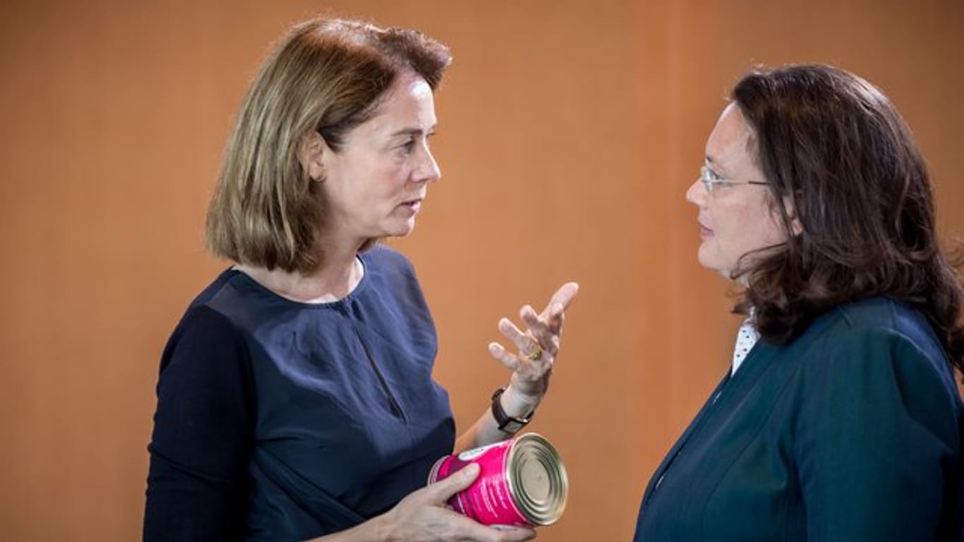 Die SPD-Politikerinnen Andrea Nahles (r) und Katarina Barley beklagen Machotum und Sexismus in Politik und Gesellschaft.