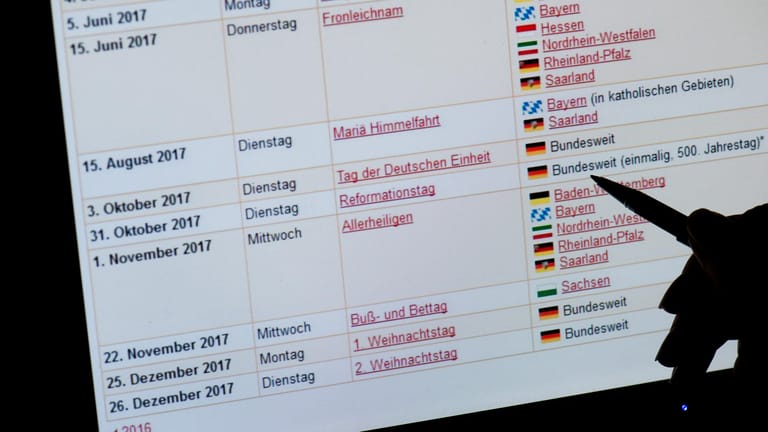 Tabelle, die die bundesweiten und regionalen Feiertage in Deutschland zeigt