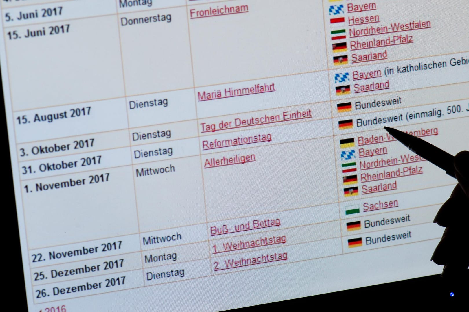 Tabelle, die die bundesweiten und regionalen Feiertage in Deutschland zeigt