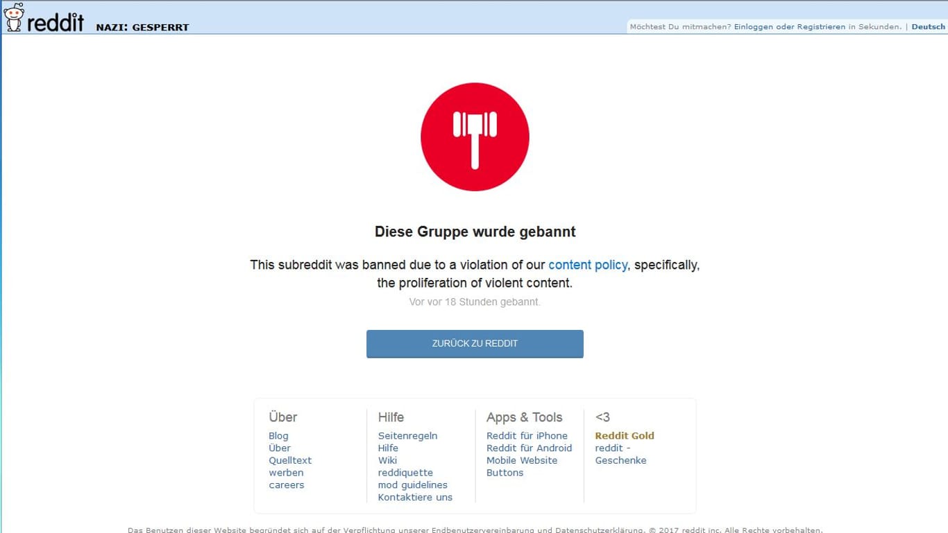 Sperrmeldung auf der Webseite von reddit.com/r/Nazi