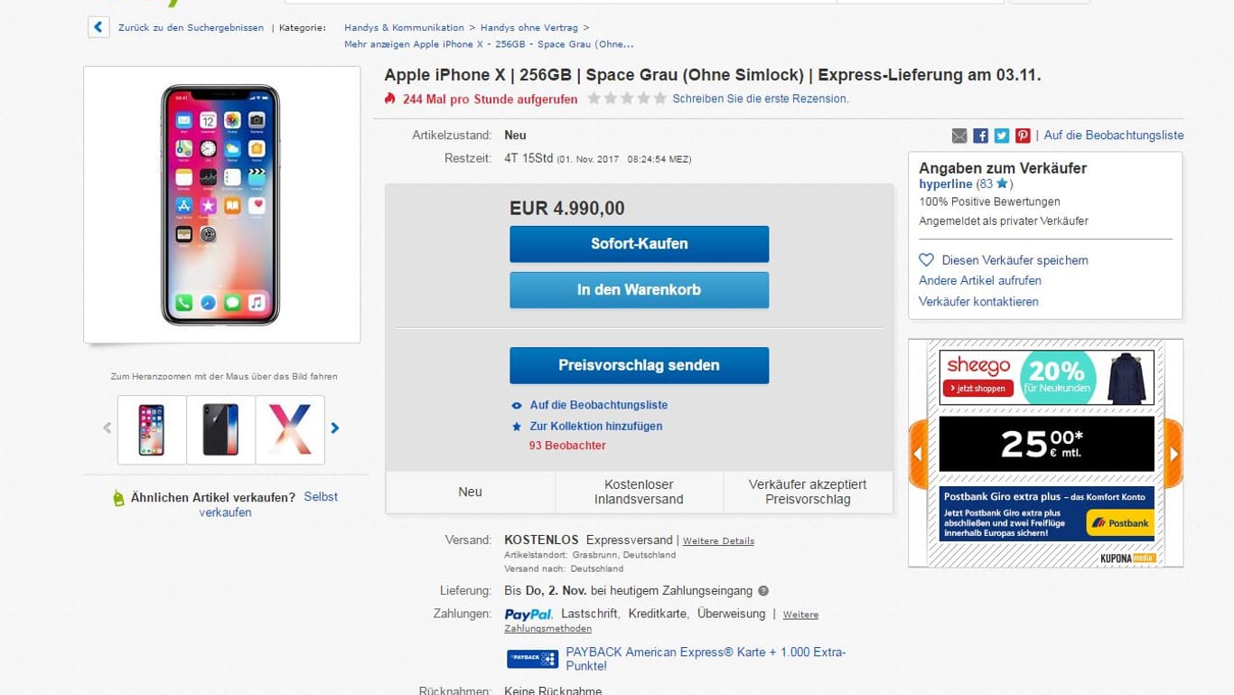 Ebay-Verkaufsangebot für das neue iPhone X