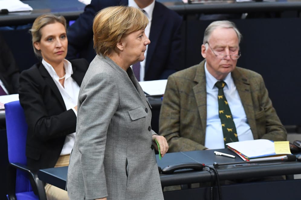 Angela Merkel läuft bei der ersten Sitzung des Bundestages nach der Wahl an der AfD-Fraktion vorbei.