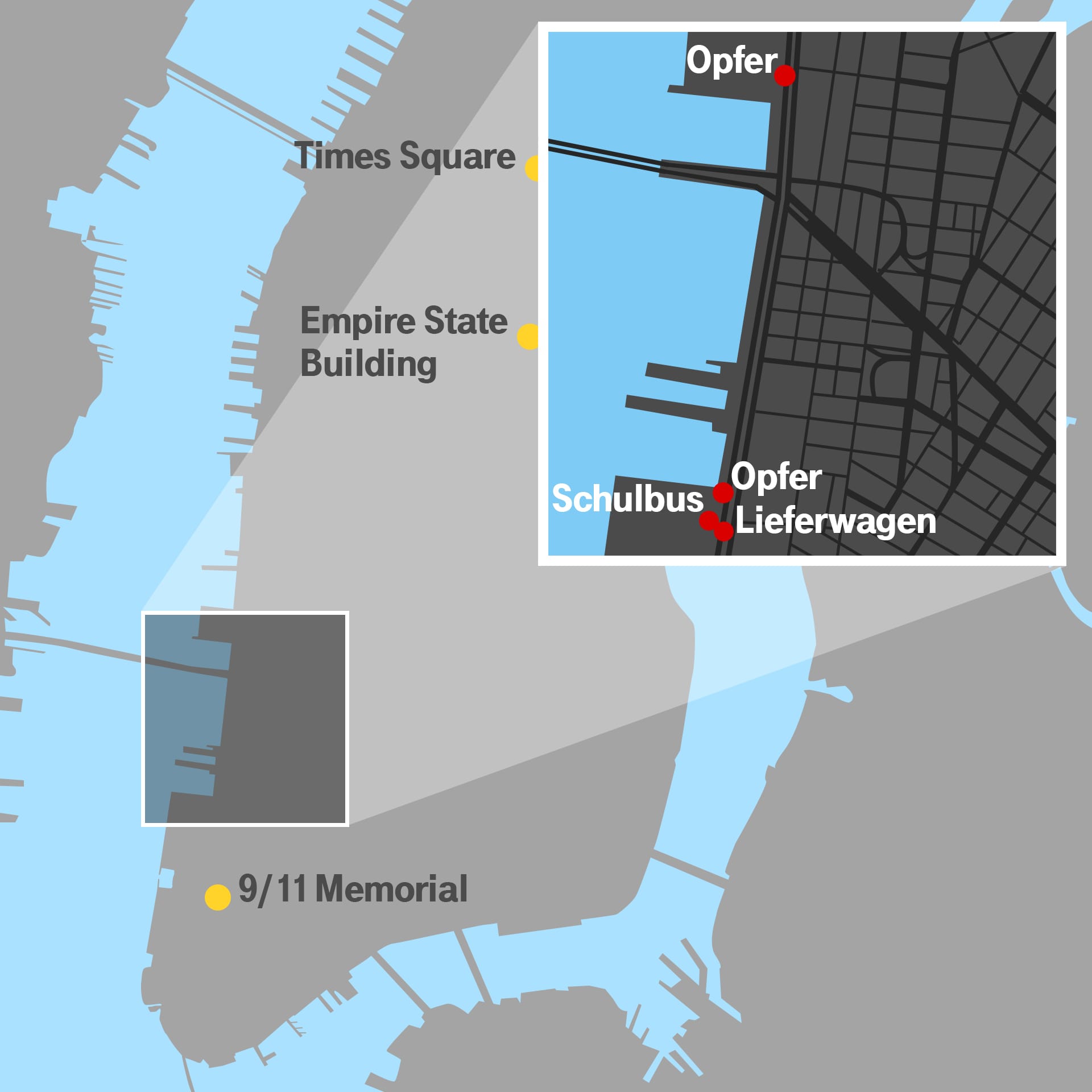 Die Attacke fand in Lower Manhattan nicht weit entfernt vom 9/11-Denkmal am "Ground Zero" statt.