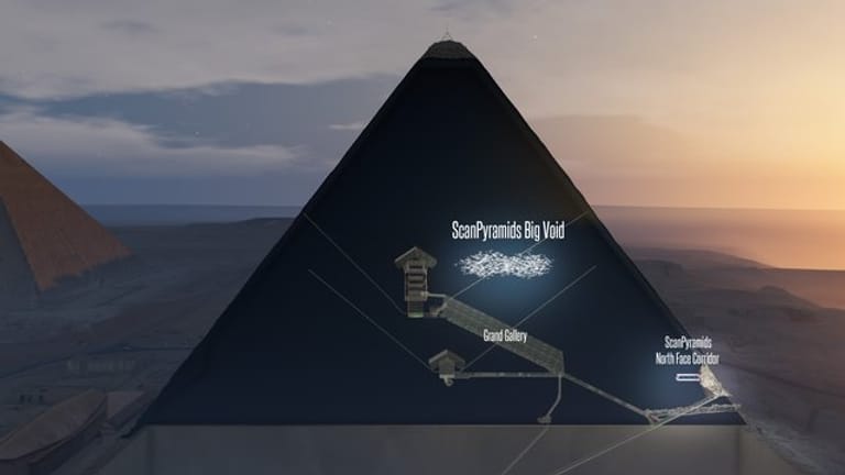 Die Computergrafik zeigt einen Schnitt durch die Cheops-Pyramide bei Giseh mit der Darstellung eines möglichen Hohlraums in der Mitte und der Großen Galerie darunter.