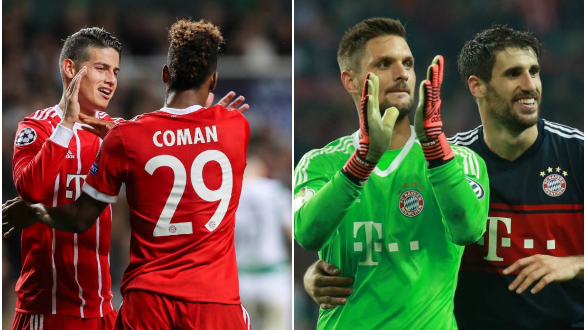 James Rodriguez herzt Kingsley Coman (links), auch Sven Ulreich und Javi Martínez (rechts) haben viel Grund zur Freude.