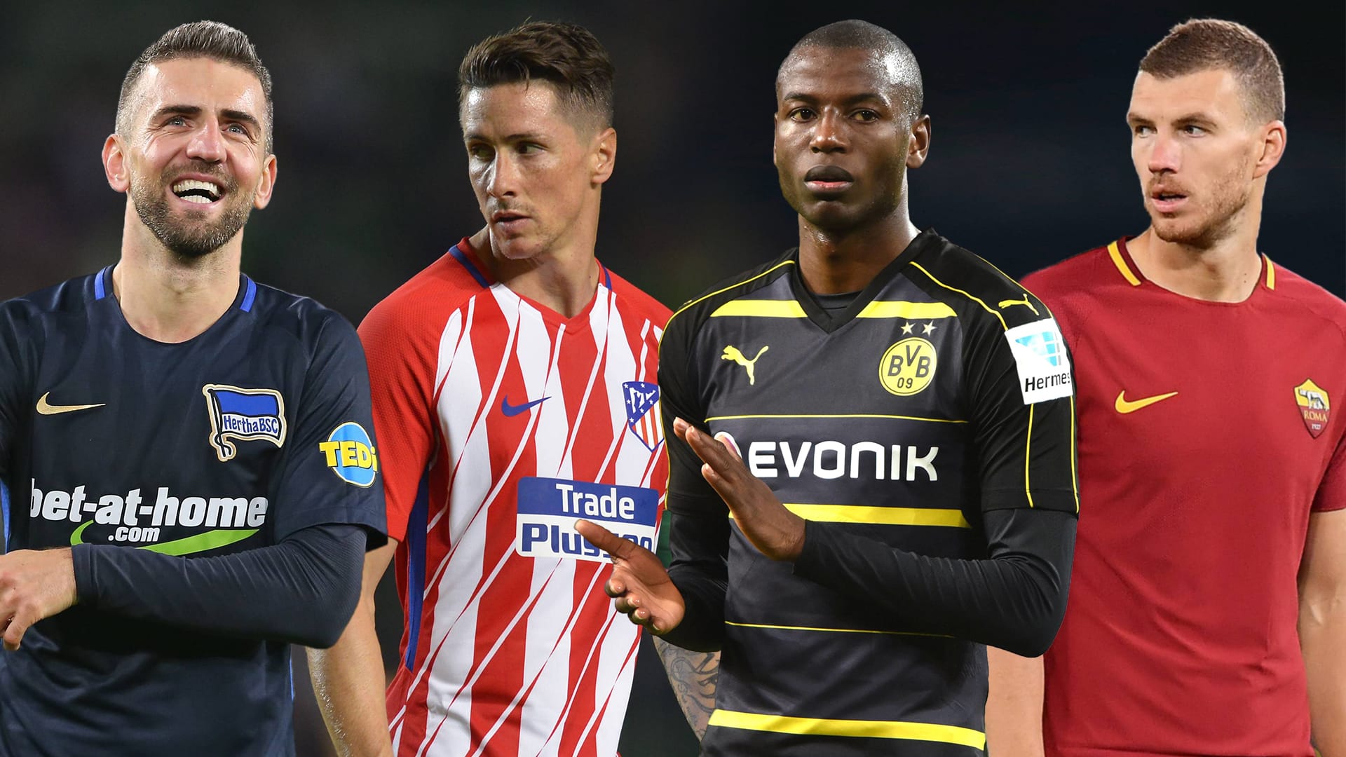 Sie werden u. a. als Lewandowski-Ersatz gehandelt: Vedad Ibisevic (v. l.), Fernando Torres, Adrian Ramos und Edin Dzeko.