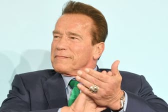 Der ehemalige kalifornische Gouverneur Arnold Schwarzenegger sitzt bei der Weltklimakonferenz in Bonn auf dem Podium.