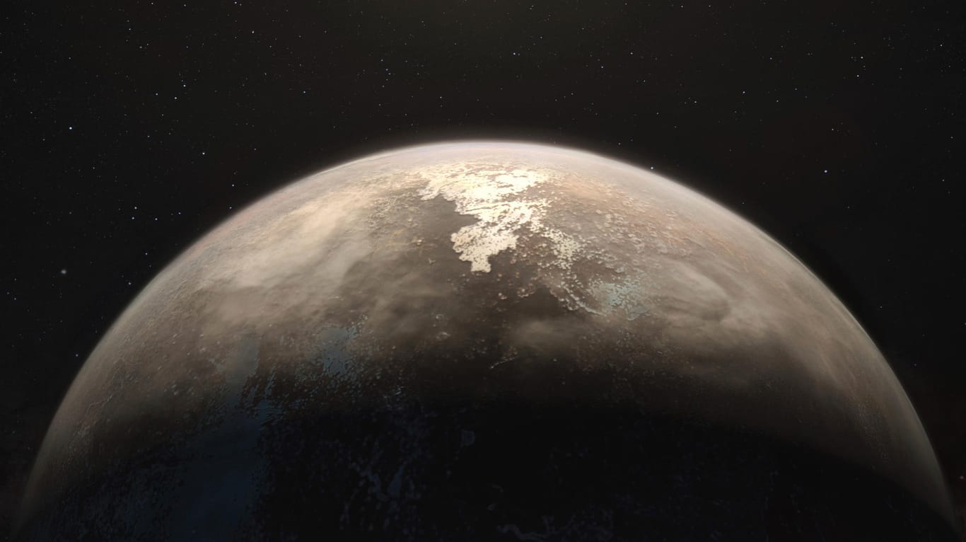 Illustration von Ross 128 b: Der erdähnliche Planet bewegt sich langsam auf die Erde zu.
