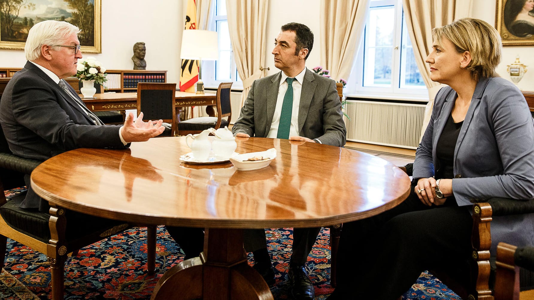 Steinmeier (l-r) unterhält mit den Parteivorsitzenden von Bündnis 90/Die Grünen, Cem Özdemir und Simone Peter: Neuwahlen sind für den Bundespräsidenten der letzte Ausweg.