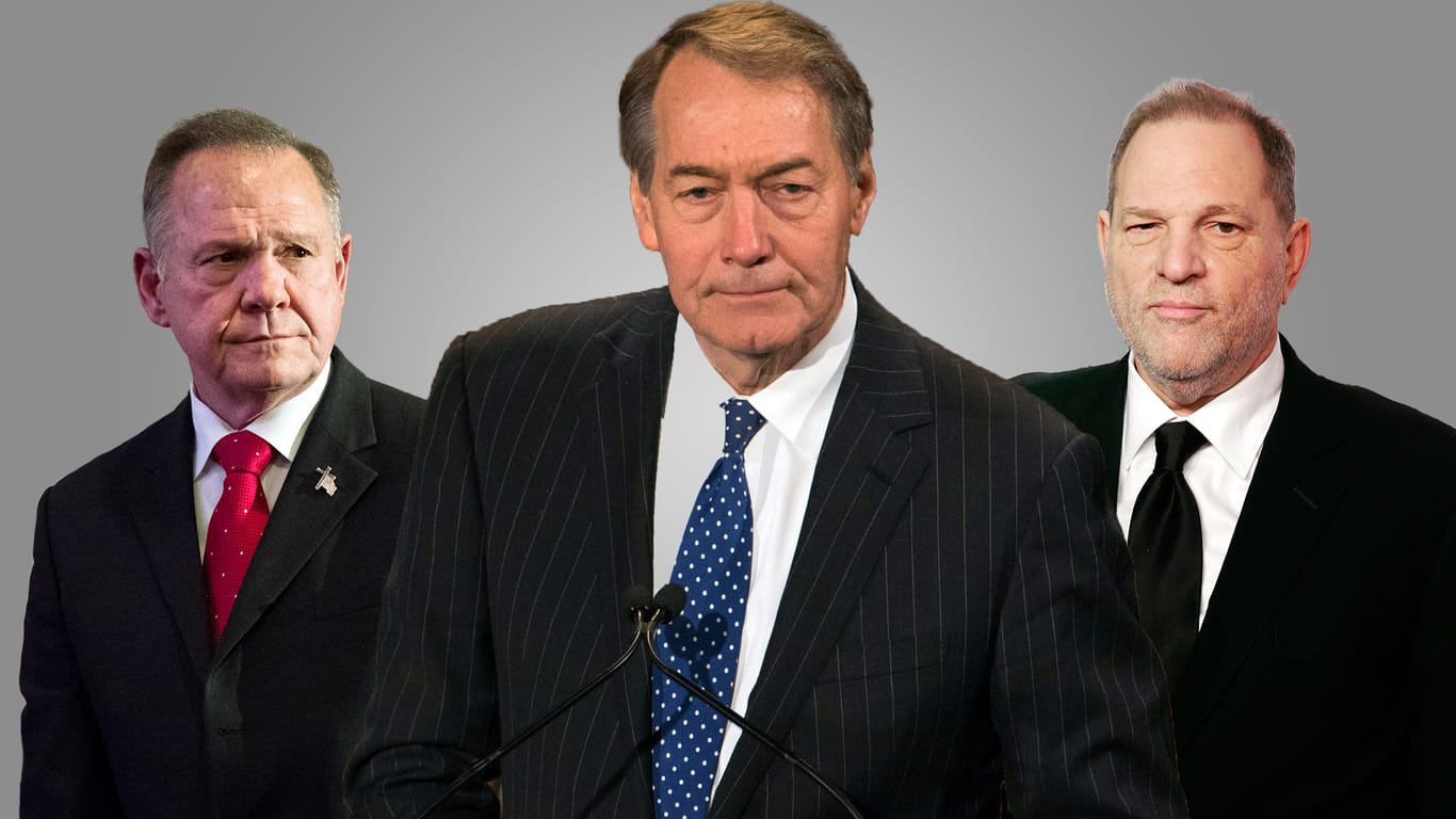 In schlechter Gesellschaft: Der CBS-Moderator Charlie Rose (M.), der Senatskandidat Roy Moore (l.) sowie der Filmmogul Harvey Weinstein (r.).