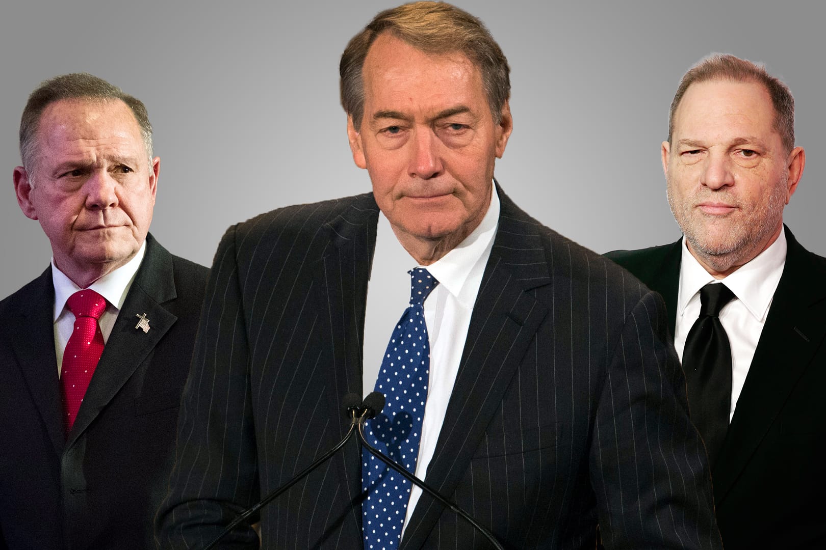 In schlechter Gesellschaft: Der CBS-Moderator Charlie Rose (M.), der Senatskandidat Roy Moore (l.) sowie der Filmmogul Harvey Weinstein (r.).