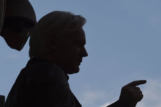 Der Wikileaks-Gründer Julian Assange im Gegenlicht.