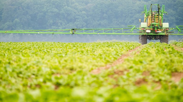 Ein Landwirt sprüht Herbizide zur Vernichtung von Unkraut auf ein Feld.