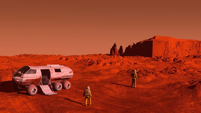 In dieser 3D-Illustration sind Menschen auf dem Mars.