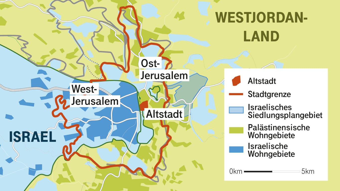 Das geteilte Jerusalem: Israelis und Palästinenser beanspruchen den Osten der Stadt für sich. In der Altstadt befinden sich heilige Stätten von Christentum, Judentum und Islam.