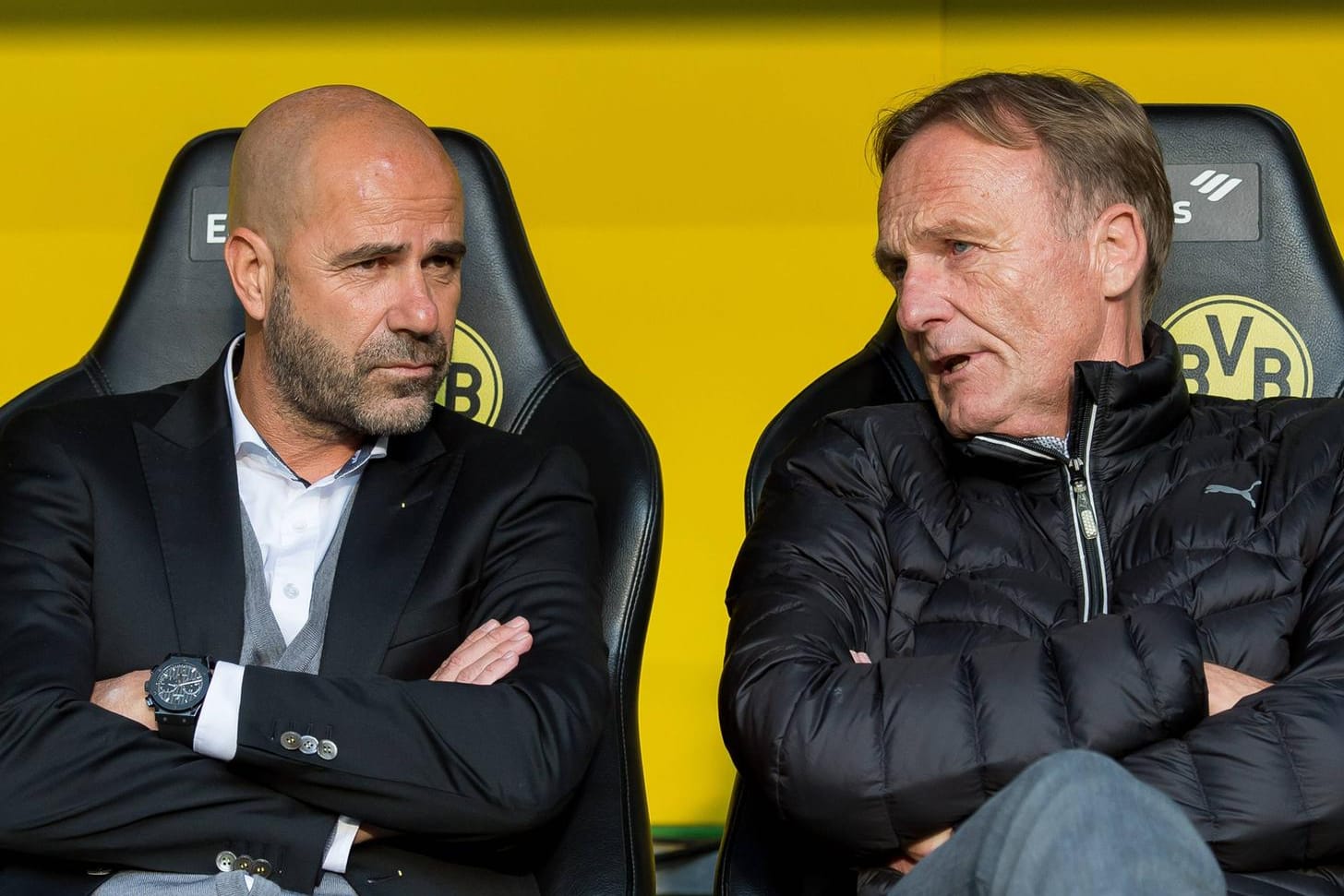 Gehen mittlerweile getrennte Wege: BVB-Boss Watzke (r.) und Ex-Trainer Bosz.