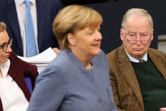Bundeskanzlerin Angela Merkel (CDU, M) geht während einer Sitzung im Deutschen Bundestag an der Fraktion der AfD vorbei.