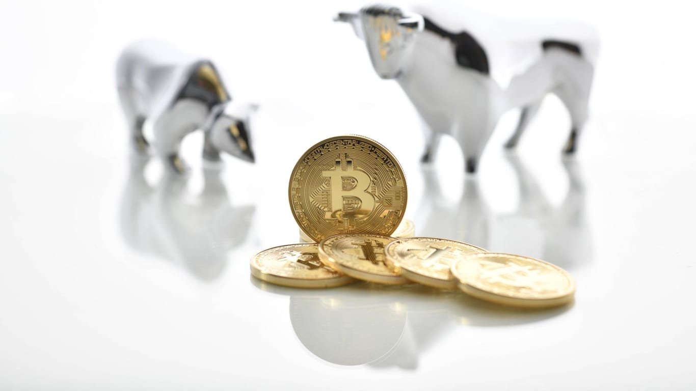 Bitcoin-Münze mit Bulle und Bär: Die Digitalwährung besserte das Gehalt auf.