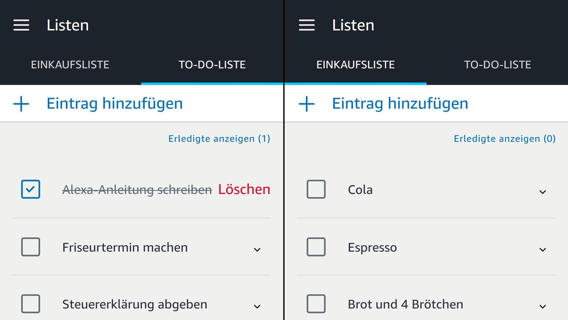 Wer per Spracheingabe Einkaufs- oder To-Do-Listen anlegt, kann sie über die Alexa-App auch unterwegs abrufen.