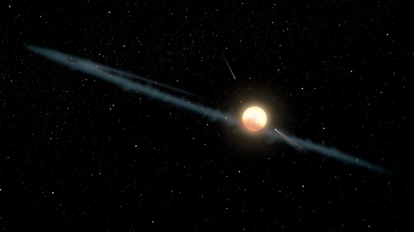 Diese Illustration der Nasa zeigt den Stern mit der Katalognummer KIC 8462852, der auch Tabbys Stern genannt wird. Er wird in dieser hypothetischen Darstellung von einem unregelmäßigen Ring umgeben, der aus Staub bestehen soll.