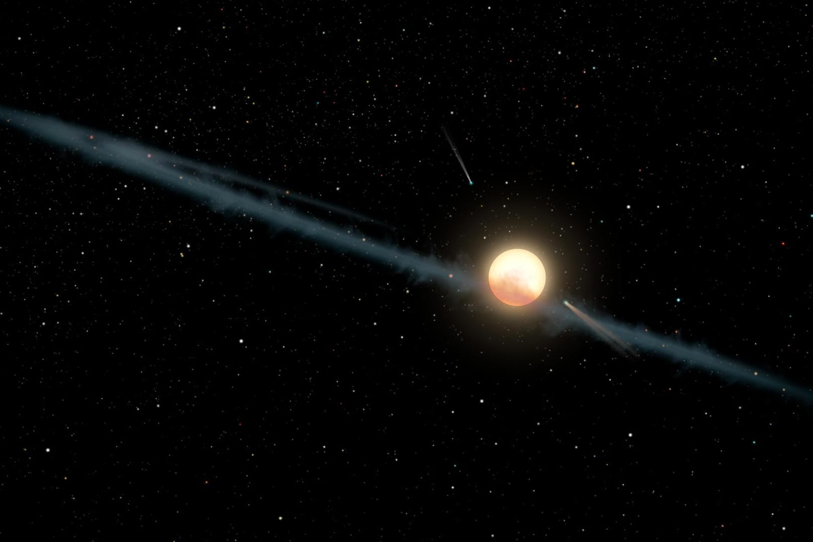 Diese Illustration der Nasa zeigt den Stern mit der Katalognummer KIC 8462852, der auch Tabbys Stern genannt wird. Er wird in dieser hypothetischen Darstellung von einem unregelmäßigen Ring umgeben, der aus Staub bestehen soll.