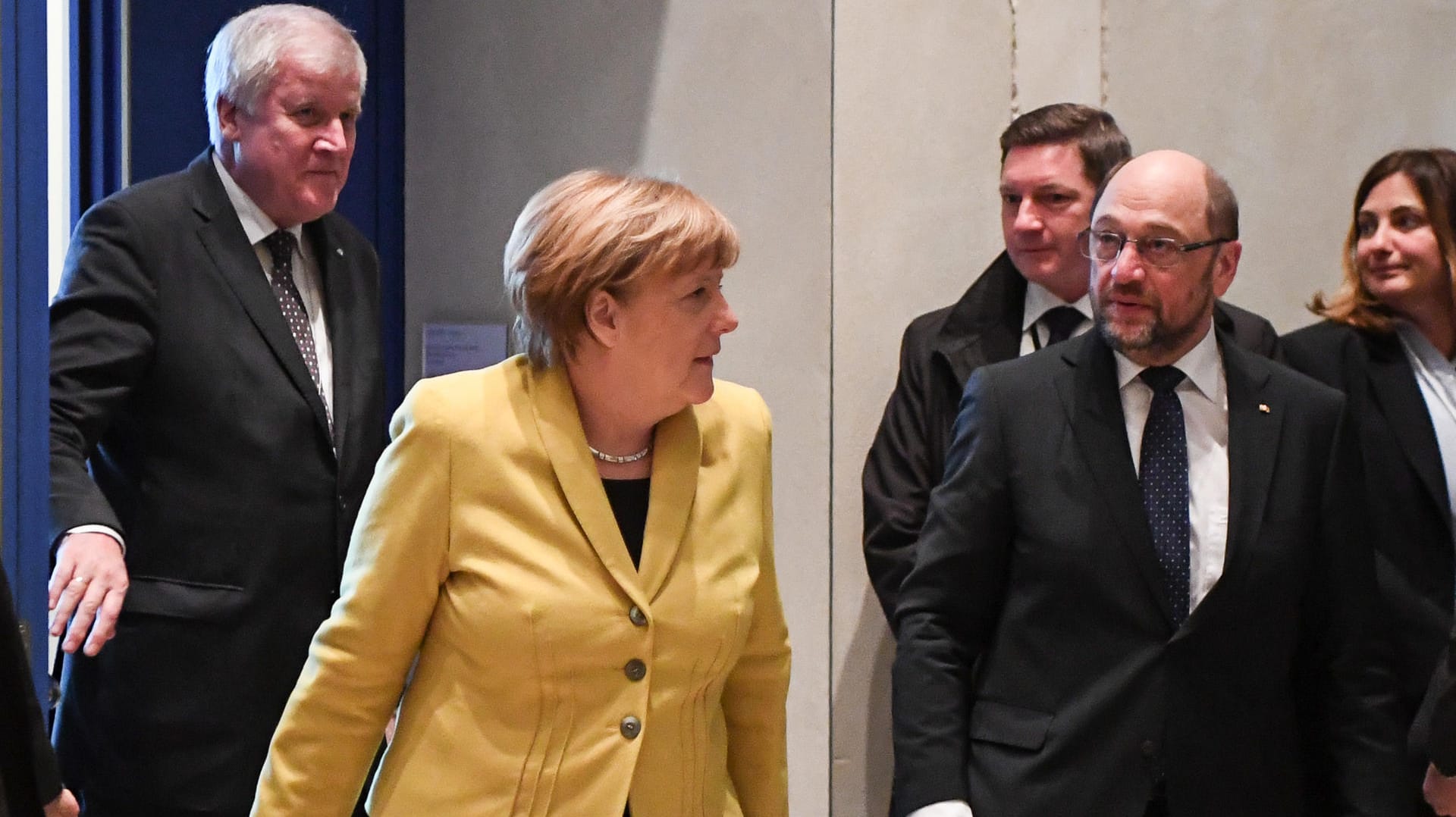 Merkel, Schulz, Seehofer: Die drei Parteichefs verkündeten, sie seien optimistisch.