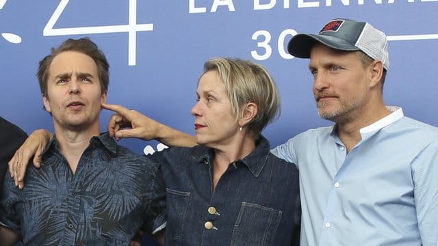 Sam Rockwell, Frances McDormand und Woody Harrelson stellen "Three Billboards Outside Ebbing, Missouri" in Venedig vor.