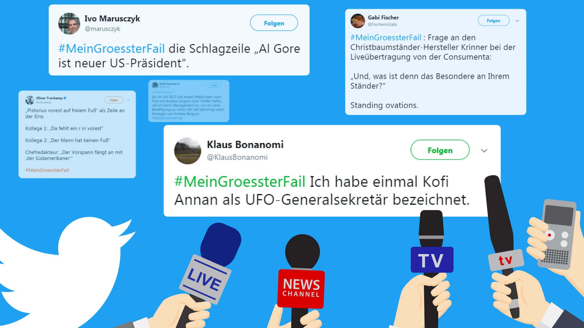 Journalisten von Print, Online, TV und Radio twittern ihre größten Pannen. Journalisten von Print, Online, TV und Radio twittern ihre größten Pannen.