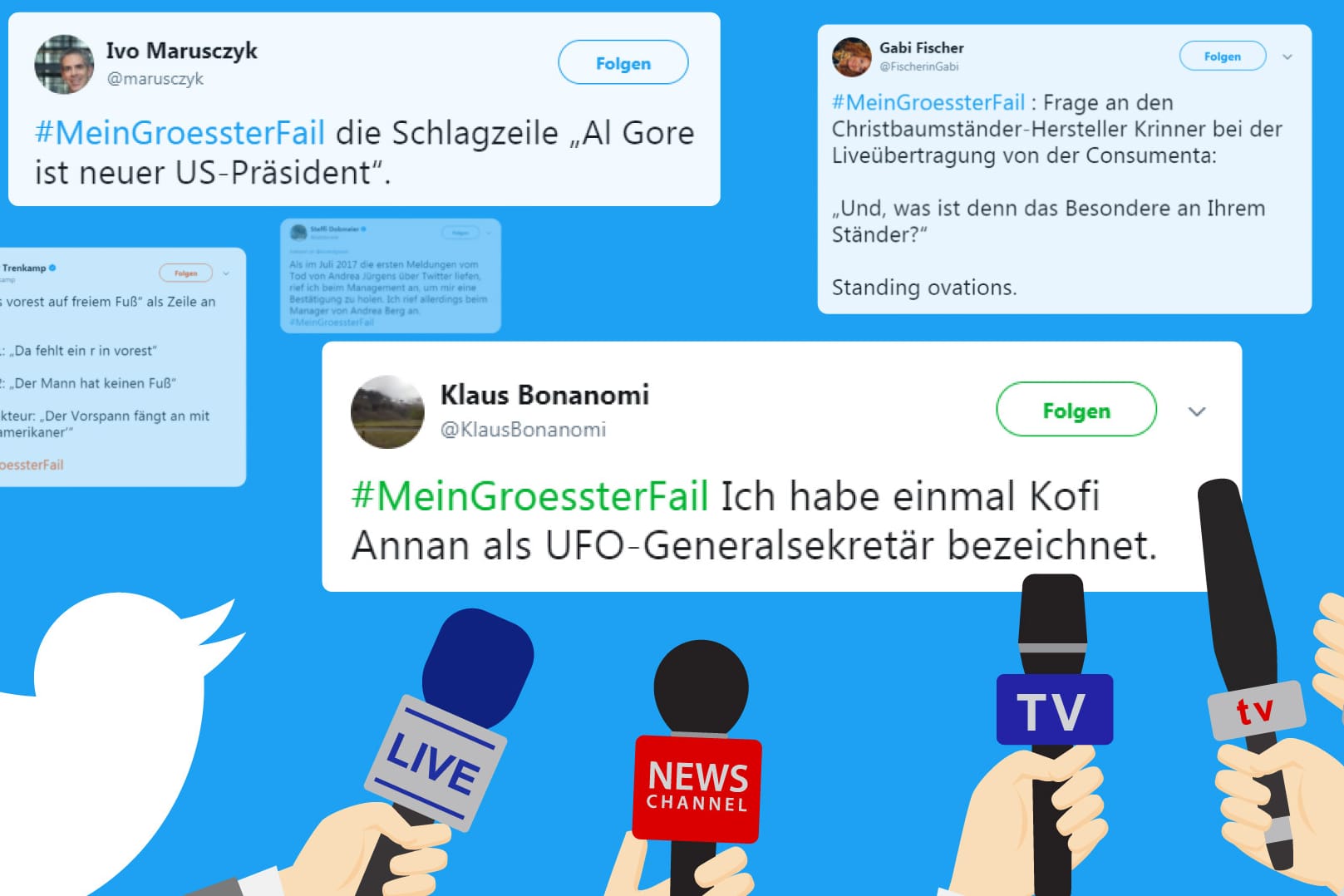 Journalisten von Print, Online, TV und Radio twittern ihre größten Pannen.
