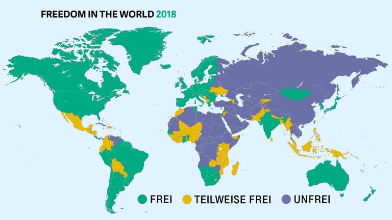 Weltkarte von Freedom House: Trotz der Herabstufung gehört Deutschland weiter zu den freiesten Staaten weltweit.