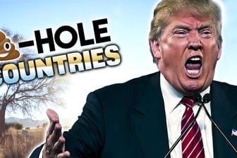 "S**t-hole Countries" steht neben einer Aufnahme von US Präsident Donald Trump, die in das Bild einer namibischen Landschaft montiert ist: Das Motiv stammt aus einem Video, das sich über die "Drecksloch"-Äußerung des US-Präsidenten mokiert.