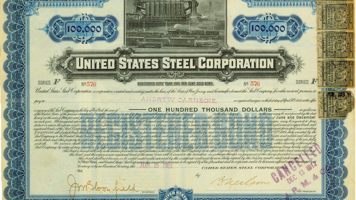 Anleihe der United States Steel Corporation von 1901: Das Mindestgebot für diese Anleihe liegt dem Historischen Wertpapierhaus zufolge bei 25.000 Euro.