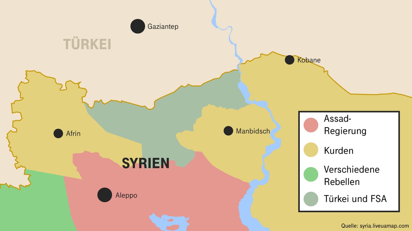 Die kurdischen Gebiete im Norden Syriens: Die Türkei rückt in die Provinz Afrin vor, erwägt aber auch, die Gegend um Manbidsch anzugreifen.