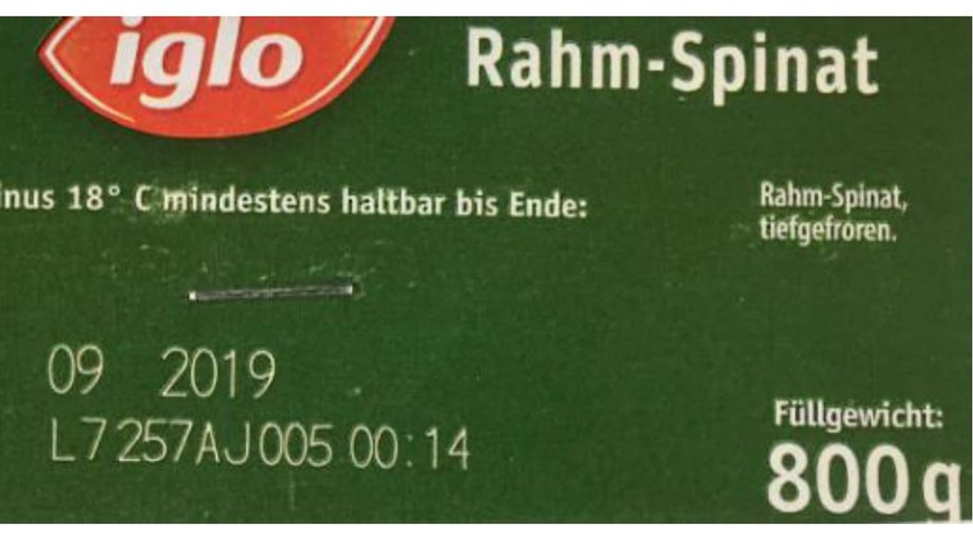 Rückruf: "Iglo Rahm-Spinat" mit dieser Kombination von Mindesthaltbarkeitsdatum, Codierung und Uhrzeit kann Plastikteile enthalten.